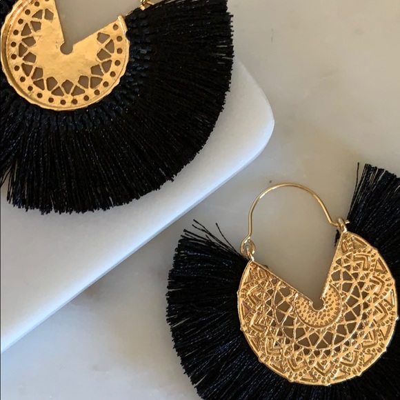 Black Fan Fringe Earrings - Picture 3 of 4